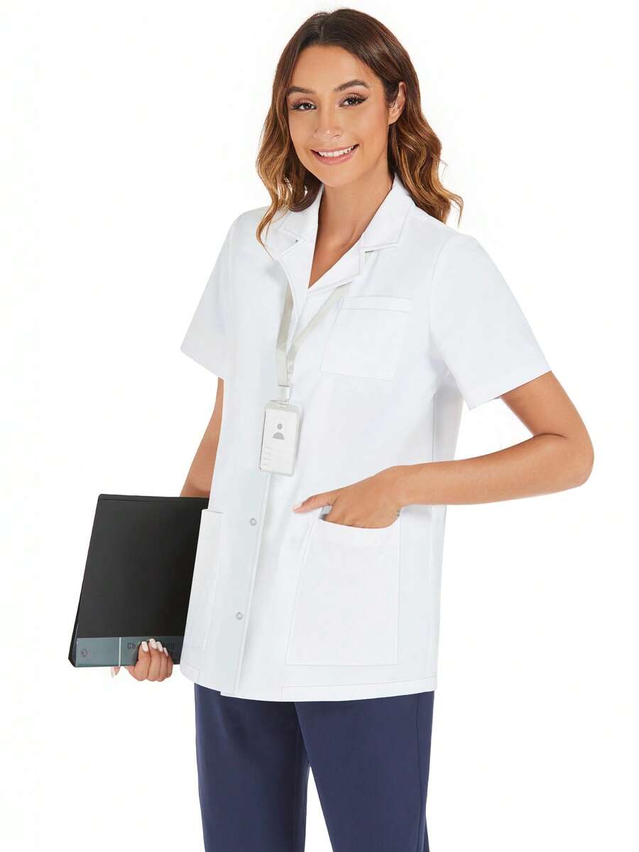 cimmuovere Women's Short Sleeve Lapel Open Front Scrubs Coat, Nurse Scrubs Workwear For Dentist, Healthcare, Pet Hospital, Laboratory