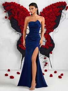 Women's Elegant Pleated High Waist High Slit Backless Tie Maxi Dress, Suitable For Galas, Wedding Guests, Prom, Date Nights, Formal Dinners, Birthday Parties, Holiday Celebrations, Family Gatherings And More - Navy Blue - View 6