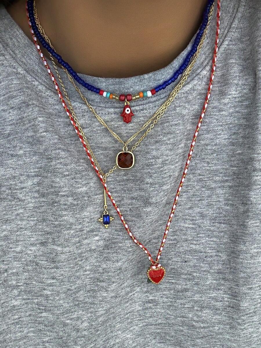 4pcs Bohemian Asymmetrical Natural Stone Beaded Layered Pendant Necklace Set, Cubic Zirconia Charm, Suitable For Daily Wear And Party, All Seasons - Multicolor - View 1