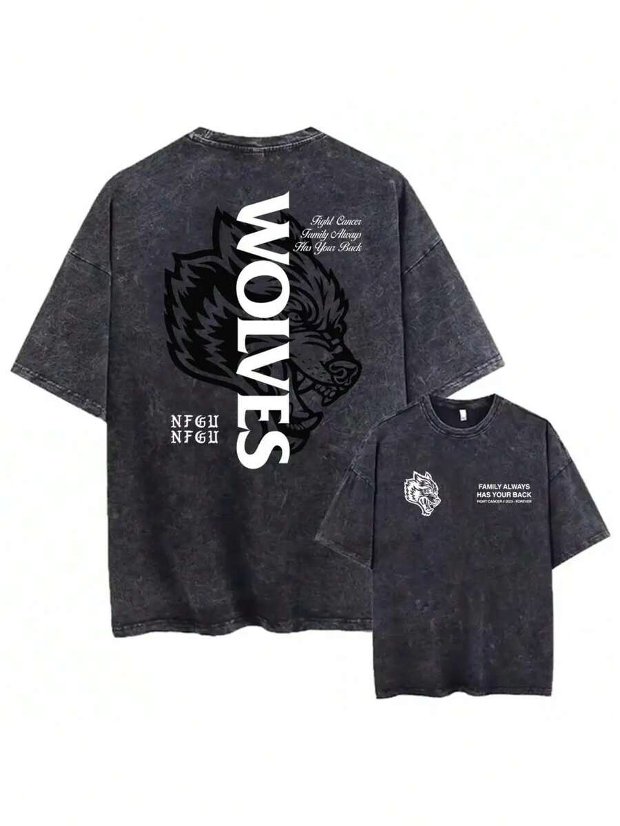 Men Shirts Vintage Darc Sport Wolves Graphic T-Shirt For Men& Women- Y2K Retro Washed Cotton Streetwear Tee With Bold Wolf Print, Loose Fit Crew Neck, All-Season Comfort, Machine Washable, Wolf T Shirt, Hiphop Apparel, Casual Wear, Casual Crewneck Men Clothes - 黑色 - 查看 1