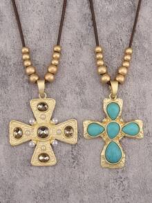 1pc Minimalist Golden Alloy Pendant Necklace, Vintage Cross & Turquoise Necklace, Suitable For Daily Wear And As Gift For Girlfriend/Boyfriend