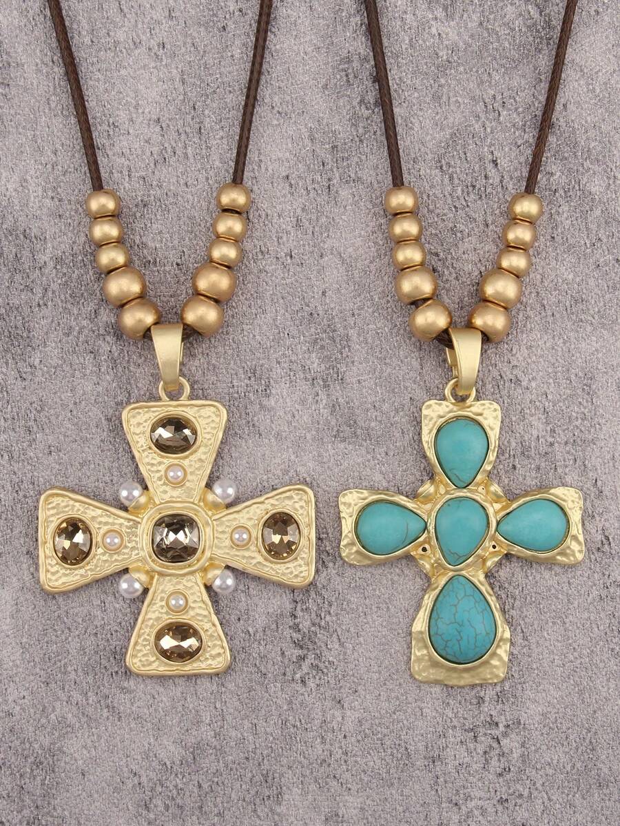 1pc Minimalist Golden Alloy Pendant Necklace, Vintage Cross & Turquoise Necklace, Suitable For Daily Wear And As Gift For Girlfriend/Boyfriend