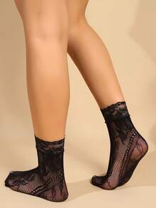 8 双女士蕾丝踝袜、镂空小腿袜、时尚性感中筒袜、内衬袜 - 黑色 - 查看 4