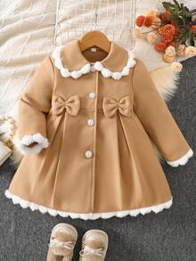 Young Girls' Single-Breasted Bowknot Collar Flounce Trim Long Sleeve Casual Jacket, Autumn/Winter