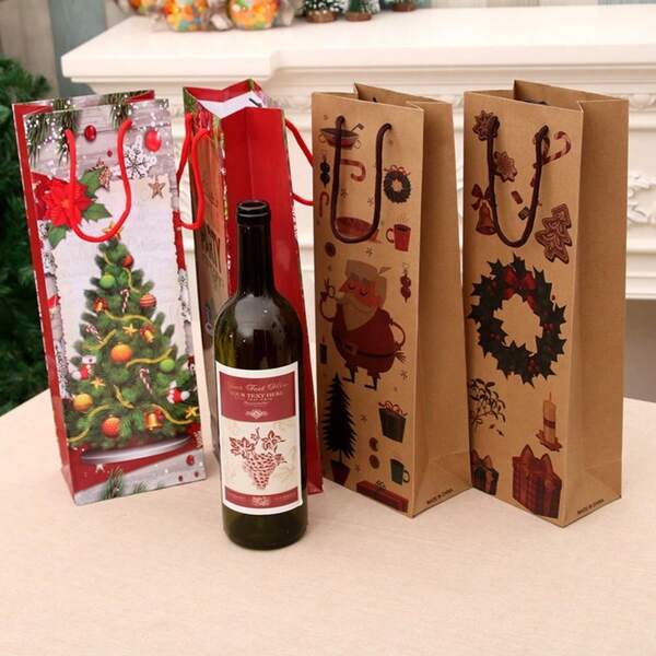 1Pc Christmas Gift Bags Bulk - Kraft Paper Wine Bottle Bags With Handles, Holiday Party Favor Bags For Home Decor & Gifting