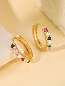 2pcs European & American Style Copper Alloy Inlaid Colorful Round Hoop Earrings, Available In Purple, Red, Orange, Navy, Pink, Green, Multicolor, Light Blue, White, Suitable For Women, Couples, Daily Wear, Decoration, Gift - Round - View 20
