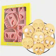 10pcs Halloween Skull Shaped Cookie Cutter Set, Material, DIY Cartoon Skull Expression Biscuit Mold, Interchangeable Baking Press Tool - Pink - View 10
