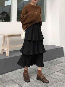 时尚高腰中长款修身百褶A字裙，百搭优雅