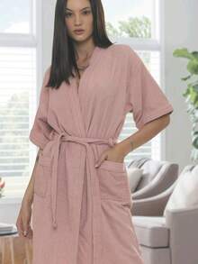 Unisex Luxury Terry Bathrobe 100% Cotton Short Sleeve Men's Women's S To GG - 藕粉色 - 查看 3