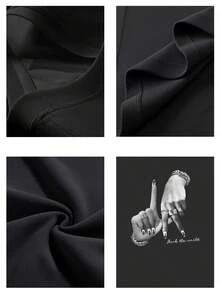 Camiseta Tops casuales de mujer con estampado manos decoradas y texto 220 g de algodón puro grueso y cómodo - Negro - Ver 4