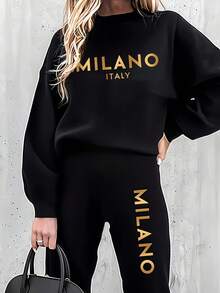 女款兩件式運動服，義大利米蘭城市標語圖案印花，100%棉質運動衫，有口袋套裝，秋冬裝寬鬆圓領運動衫和束腳休閒長褲，舒適 柔軟透氣長袖上衣，街頭服飾 學院風女裝，日常外出，居家休閒女裝 黑色套裝 - 黑色 - 查看 3