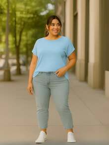 PLUS SIZE PLAIN BLOUSE CASUAL MODERN BASIC CURRENT CONTEMPORARY VISCOLYCRA DAILY WORK - Baby Blue - View 5