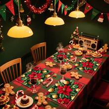 1 set/1 pieza/4 piezas/6 piezas Manteles individuales con estampado de flores de acebo navideñas, lavables a máquina, de poliéster rectangular, protectores de mesa, manteles individuales termoaislantes, decoraciones de mesa de restaurante, suministros para fiestas, decoraciones navideñas que pueden regalarse