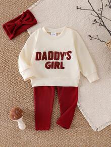 2pcs Baby Girls Casual Minimalist "DADDY'S GIRL" Letter Embroidered Sweatshirt And Leggings Set, Spring/Autumn - Red - View 1