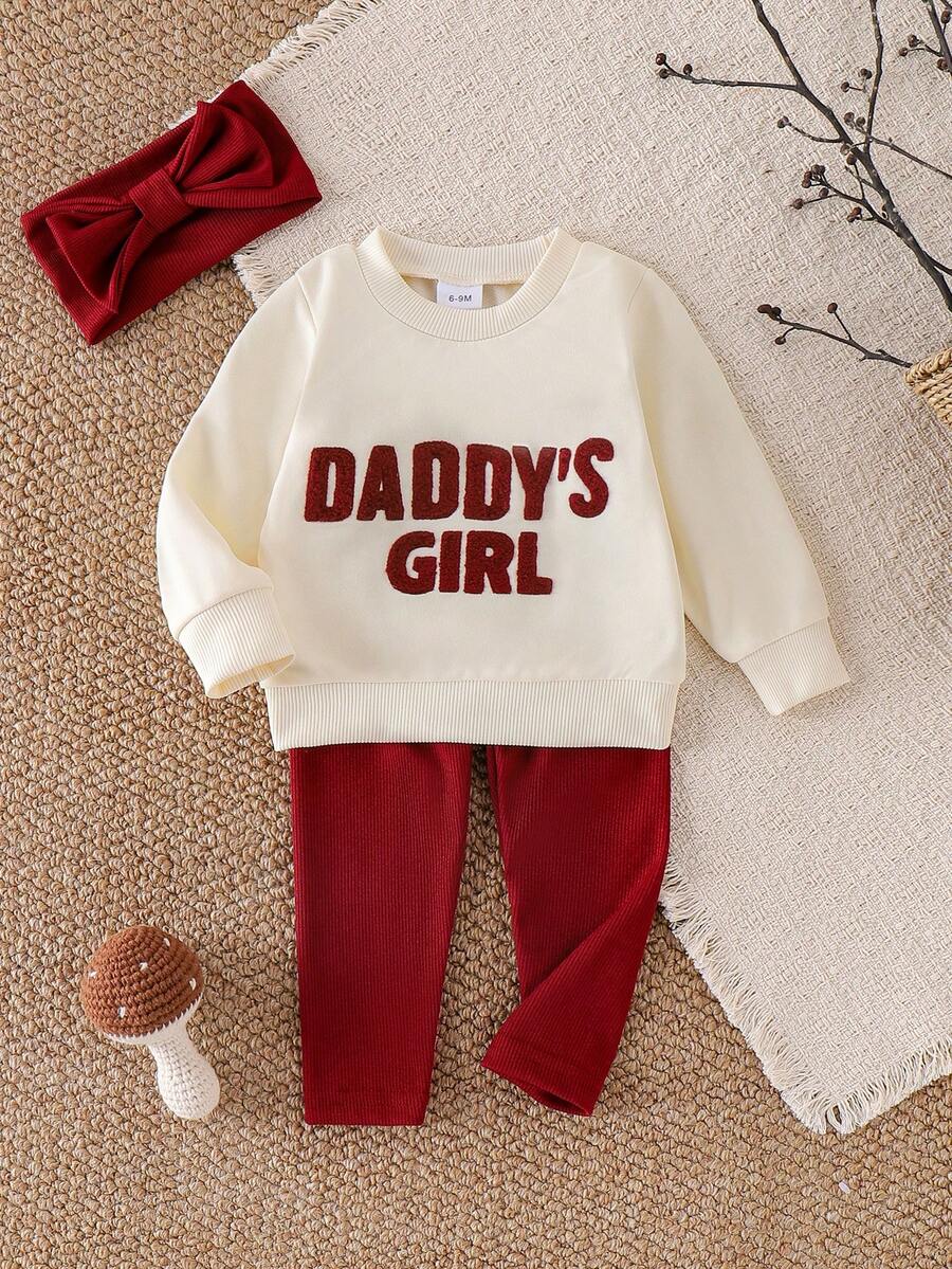 2pcs Baby Girls Casual Minimalist "DADDY'S GIRL" Letter Embroidered Sweatshirt And Leggings Set, Spring/Autumn - Red - View 1
