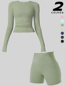 A Set Of Yoga Set For Hip Lift And Tummy Tuck, The Combination Of Comfortable Upper Sleeves And Hip Lift Shorts Is Suitable For Yoga Practice, Running, And Women's Gym Workouts For Festivals Can Be Worn - Green - View 2