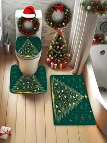 1 pieza/4 piezas Juego de baño de árbol de Navidad verde oscuro, incluye cortina de ducha, alfombra de inodoro, alfombra de baño, etc. Hecho de tela de poliéster impermeable y duradera. Decorado con patrones de árbol de Navidad, estrellas y copos de nieve. Adecuado para agregar un ambiente navideño al baño, especialmente para la temporada navideña.