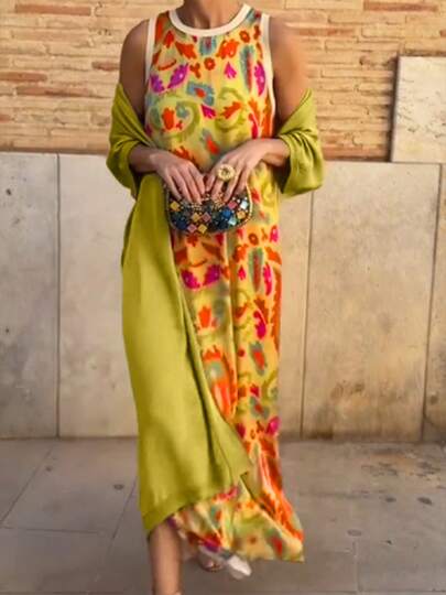 Plus Size Women Elegant Floral Print Round Neck Dress With Cloak, Two Pieces Set