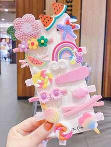 28 Stück/Set Mädchen Rosa Wassermelone/Regenbogen/Blumen Haarclips, nicht schädigendes, süßes Haaraccessoire für Teenager, für den täglichen Gebrauch - Verschiedenfarbig - Übersicht 3
