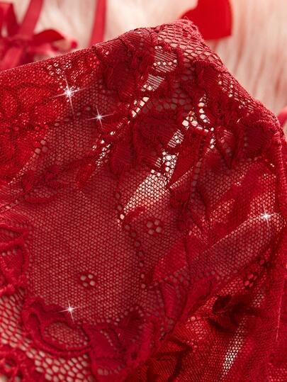 Seductive Bloemen Kanten Verleidelijke Lingerie Doorschijnende BH Bow Open Crotch Panties Underwear Set view 5