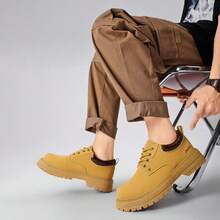 Sapatos de Couro Outono Masculino, Oxford de Sola Grossa Retrô Preto, Botas de Trabalho Externo, Botas de Cano Baixo, Estilo Britânico