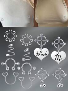 CIZME 1 对女士不锈钢假乳头环，非穿孔乳头环夹式乳头环，假身体穿孔首饰假乳头环身体首饰 - Fake Nipple Ring-A - 查看 1