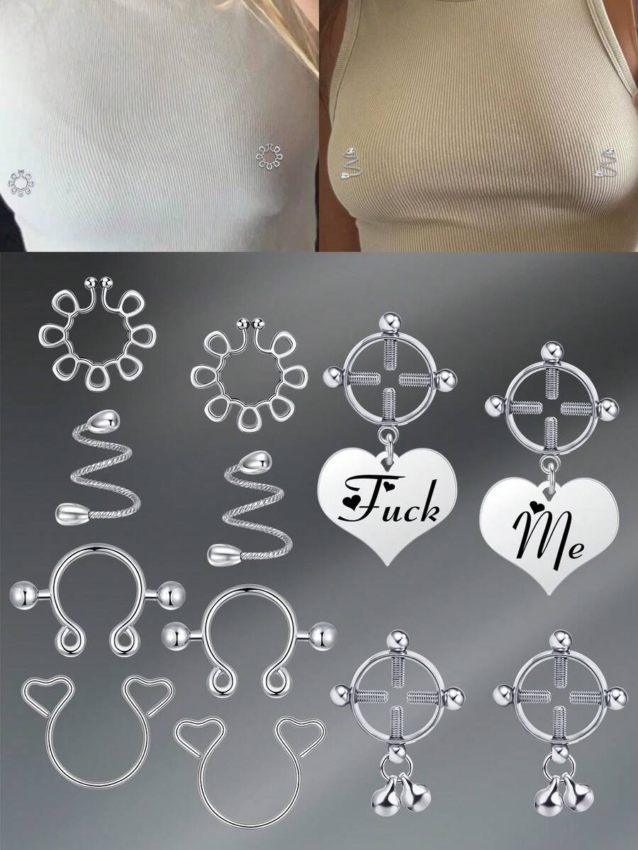 CIZME 1 对女士不锈钢假乳头环，非穿孔乳头环夹式乳头环，假身体穿孔首饰假乳头环身体首饰 - Fake Nipple Ring-A - 查看 1