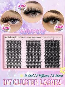 300 Stücke Büschel Wimpernset, 30D 40D 50D DIY Künstliche Wimpern, inklusive Wimpernkleber und Verlängerungswerkzeuge, geeignet für Anfänger, perfekt für Weihnachten und Musikfestivals