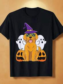 Halloween Golden Retriever Witch T-Shirt, 100% Cotton Crew Neck Short Sleeve Tee, Casual All-Season Knit Fabric Top With Geometric Pattern, Digital Heat Transfer Design For Adults - Regular Fit,Nightmare Before Christmas,Christmas,Halloween Costumes,Funny T Shirts,Summer Outfits,Thanksgiving Day,Men Graphic Tees,Streetwear Men - 黑色 - 查看 1