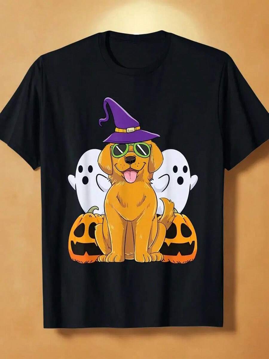 Halloween Golden Retriever Witch T-Shirt, 100% Cotton Crew Neck Short Sleeve Tee, Casual All-Season Knit Fabric Top With Geometric Pattern, Digital Heat Transfer Design For Adults - Regular Fit,Nightmare Before Christmas,Christmas,Halloween Costumes,Funny T Shirts,Summer Outfits,Thanksgiving Day,Men Graphic Tees,Streetwear Men - 黑色 - 查看 1