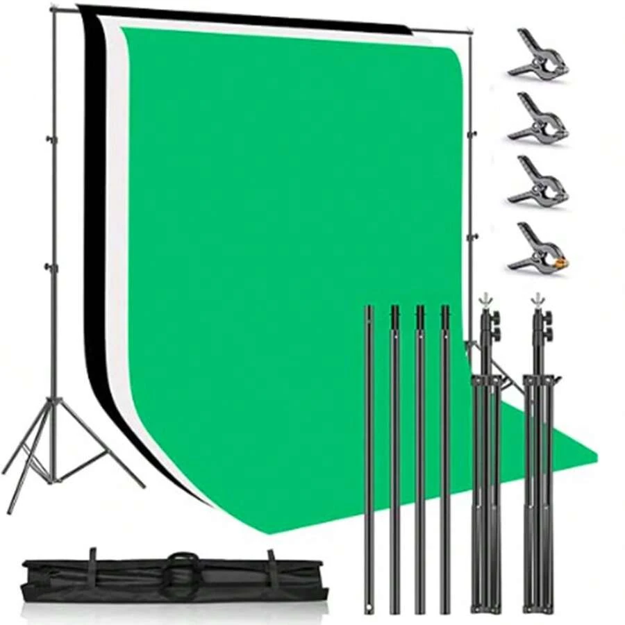 Soporte de Telón de Fondo para Fotografía, Kit de Soporte de Telón de Fondo Ajustable, con Fondo Verde/Negro/Blanco, para Estudio Fotográfico Retrato y Video (2 * 3m)