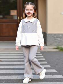Girls Bowknot Top And Straight Leg Pants 2-Piece Set, Comfortable Casual Elegant Outfit For Spring/Autumn - Grey - View 2