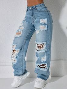 Jeans rectos de cintura alta con bolsillos laterales y abertura, estilo vintage Y2K, casual de primavera - Azul - Ver 6