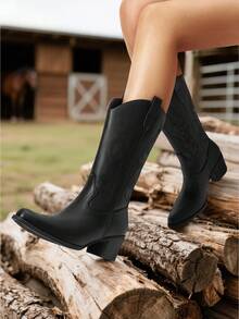 Women's Western Cowboy Mid-Calf Boots Embroidery Chunky Heel Music Festival Party Boots - màu đen - Xem 5