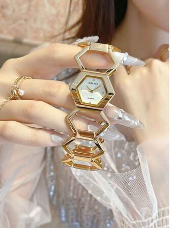1件女士时尚石英表，简约长方形表盘，高品质镀金表带，镂空设计，适合作为生日、周年纪念日、万圣节、节日礼物