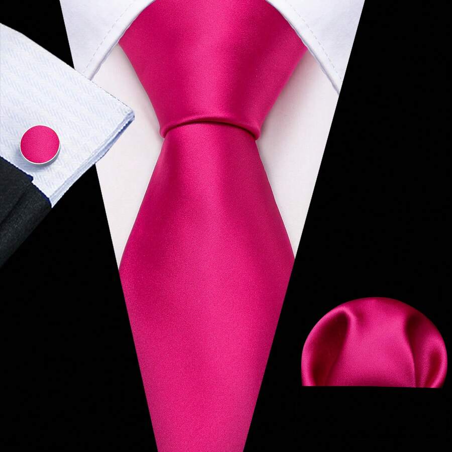 4pcs Mens Tie Pink Necktie Pocket Square Cufflinks Ring Set Wedding Formal Casual Office - Hồng - Xem 1