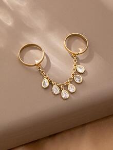 1pc Fashion Copper Zirconia Stone Linked Finger Ring With Dangling Rhinestone Chain, Women's Jewelry For Wedding, Party, Wedding Season Gift