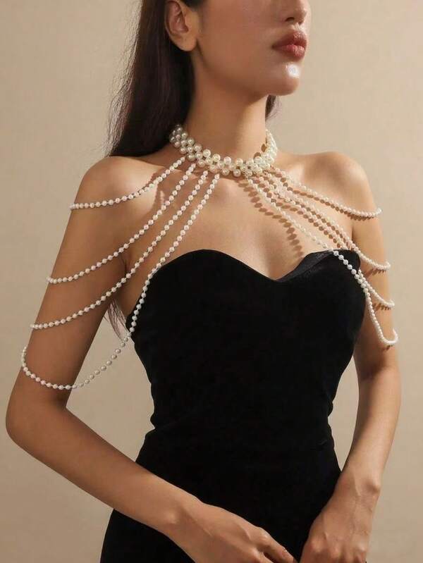 1pc Exquisite And Elegant White Faux Pearl Hand-Woven Body Chain For Women, Perfect For Parties, Fashion Show, And Gifts