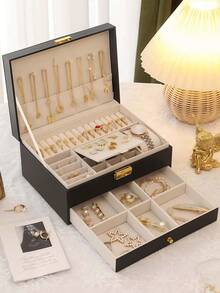 Caja de almacenamiento de joyas de 2 capas de gran capacidad, caja de almacenamiento de joyas portátil, tocador con cajón caja de almacenamiento de joyas, caja de joyas de cuero como regalo, contenedor de almacenamiento y exhibición exquisito, caja de almacenamiento y organización para el baño, cajón de almacenamiento de escritorio - Multicolor - Ver 3
