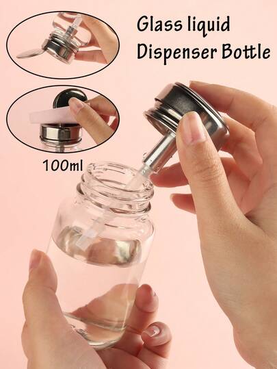 100ML Clear Glass Dispenser Bottle For Nail Polish And Makeup Remover, Thick Empty Lockable Push Down Alcohol Pump Sanitizer Container With Stainless Steel Cap