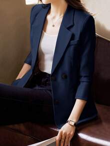 Women's Single Breasted Long Sleeve Blazer With Buttoned Cuffs - Navy Blue - View 5