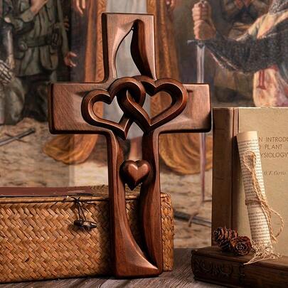 Wooden Wedding Interwoven Heart-Shaped Wooden Cross Hanging Decoration, Ideal For Weddings, Valentine's Day, And Anniversaries. A Perfect Gift For Couples. Suitable For Wall Decoration In Homes, Indoors, Porches, Living Rooms, And Bedrooms