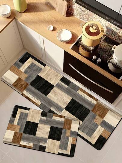 1 pieza Alfombra de gel de sílice para piso de cocina, con patrón de mosaico de grano de madera falso, compuesta de cuadrados de grano de madera falso de diferentes colores y texturas en tonos negro, gris oscuro, gris claro, beige y marrón. Decoración navideña para alfombra de cocina