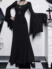 Women's Solid Color Casual Elegant Gothic Style Ruffle Sleeve Dress For Party Black - Black - View 3