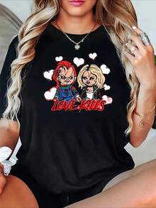 Camiseta informal para mujer con temática de Halloween: tejido elástico, diseño oversize con cuello redondo, estilo relajado de manga corta, cómoda camiseta de verano con estampado de motivos espeluznantes. - Negro - Ver 8