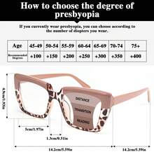 1 件超大渐进多焦点猫眼老花镜，配有舒适的弹簧铰链，豹纹设计，时尚眼镜