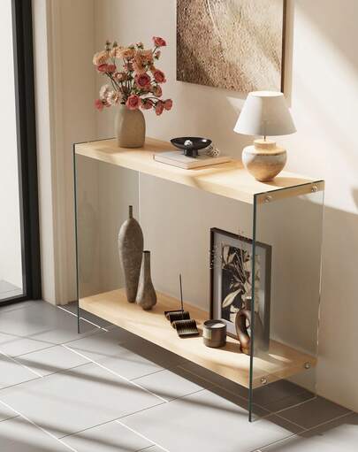 UNHO Console Table With Tempered Glass, With 2-Tier Storage Shelves, Entry Table Behind Sofa Side Table For Living Room, Hallway, Entryway, Foyer