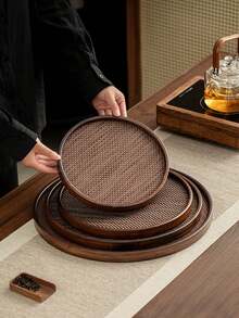 1pc Walnut Round Tray, Suitable For Snacks, Desserts, Cookies, Appetizers, Multi-Purpose - 紫紅色 - 查看 1