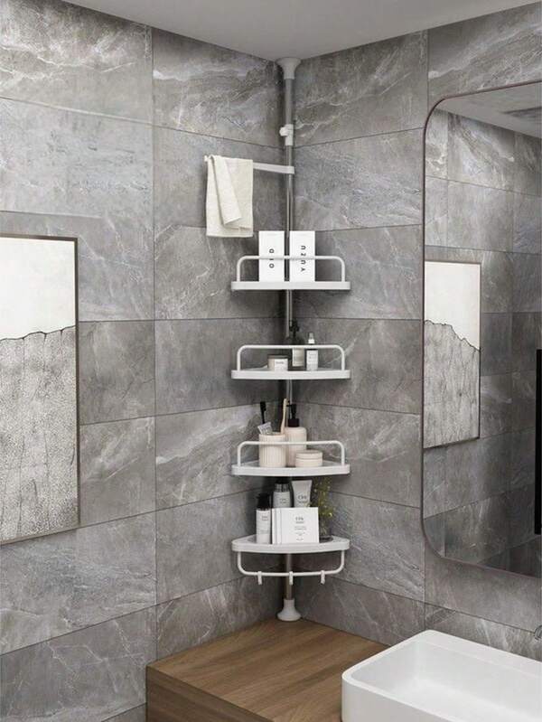 Um suporte de canto para banheiro e banheiro Suporte de canto para armazenamento Suporte telescópico para banheiro Decoração para casa e banheiro Organizador de banheiro Verão