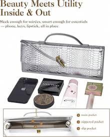 Bolso de mano de noche elegante para damas - Bolso de mano de piel de cuero PU con estampado de cocodrilo estructurado para bodas y fiestas formales - Sv - Ver 5